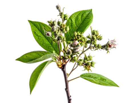 Sprig with green leaves, tiny buds, and emerging white flowers against black