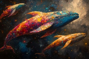 Obraz premium Surreal Whales In Starry Cosmos