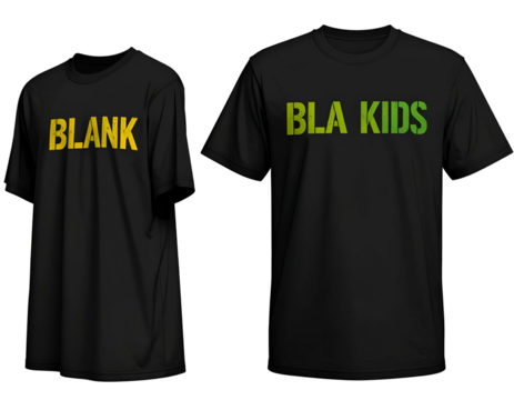 Two black shirts, one says "BLANK" and the other "BLA KIDS" in gradient letters