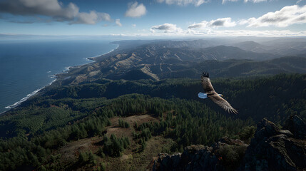 Coastal Flight Birds Eye View of Forest and Ocean.