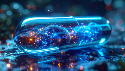 Science Innovation: A close-up view of a futuristic pill, gleaming with an internal glow, symbolizing breakthroughs in the realm of medicine and scientific advancements.