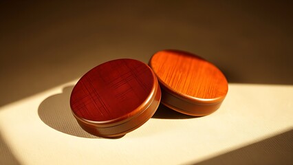staccato. Polished wooden castanets resting on textured fabric, one slightly raised, warm side lighting. event programs, museum guides, designed for cultural heritage projects and event programs.