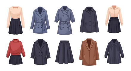 Fashionable Women's Clothing and Outerwear Collection: Skirts, Shirts, and Trench Coats