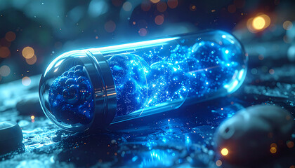 Science and Technology: Futuristic medical capsule containing a luminous brain-like structure, symbolizing advanced technology and innovation.