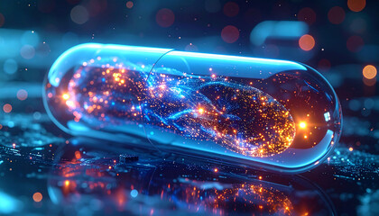 Advanced Medicine: A visually stunning representation of a medicine capsule, radiating with luminescent particles, symbolizing scientific breakthroughs and advancements in medical technology.