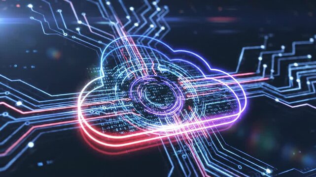 Abstract digital cloud network on a dark background, representing secure data storage and global connectivity for technology and internet services - Powered by Adobe