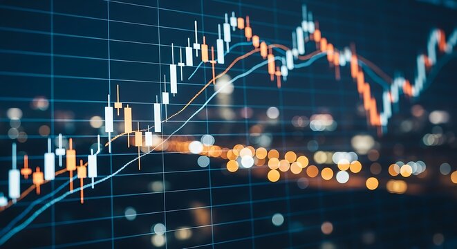 Financial stock market candlestick chart with blurred city lights in the background symbolizing economic growth and trading - Powered by Adobe