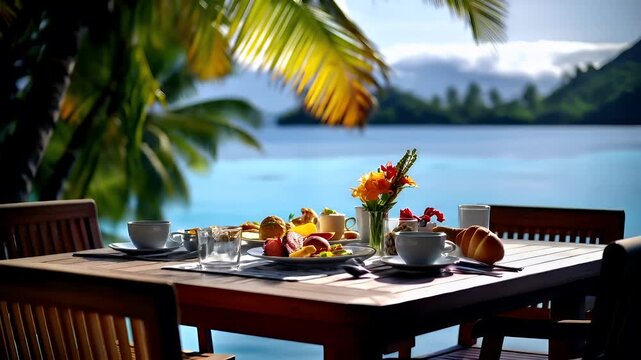 Aerial view of a tropical beachside dining area with a table set for breakfast overlooking a serene body of water. The table is adorned with a variety of breakfast items, including fruits, bread.