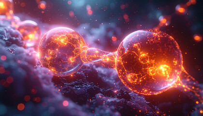 Cosmic Energy Nexus: An intricate, radiant network of interconnected spheres pulsates with vibrant, fiery energy, weaving through a celestial nebula and showcasing the cosmos.