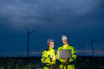 Two workers in safety gear are examining a laptop in front of a field of wind turbines. Technician team in safety harnesses, inspecting wind turbines with technology at twilight.