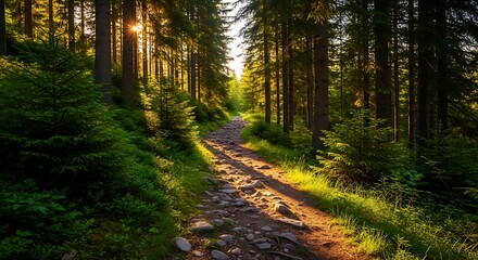 Obraz premium Golden sunlight illuminates a winding dirt path deep within a serene evergreen forest, offering a peaceful journey into nature's embrace