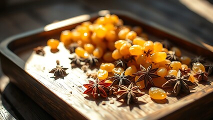 anise. Sun-dried grapes and star anise scattered on a rustic wooden tray in dappled light. menu design, packaging mockups, designed for culinary blogs and recipe cards for restaurants.