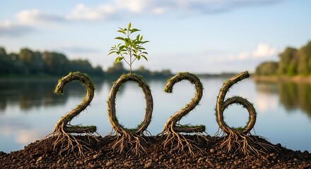 Year of two thousand and twenty six made of roots and moss with a small plant growing on top near water