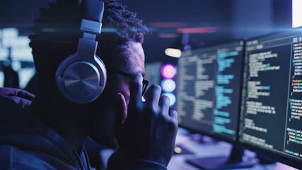 Programmer working late at night on computer with multiple monitors displaying code and glowing lights in the background - Powered by Adobe