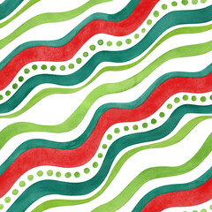 Watercolor seamless pattern of hand painted waves and dots in green and red colors isolated on white background