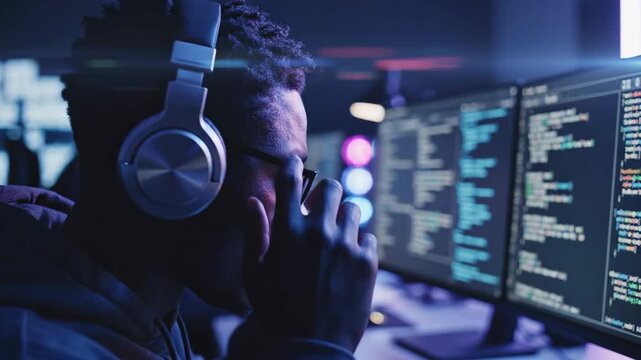 Programmer working late at night on computer with multiple monitors displaying code and glowing lights in the background
