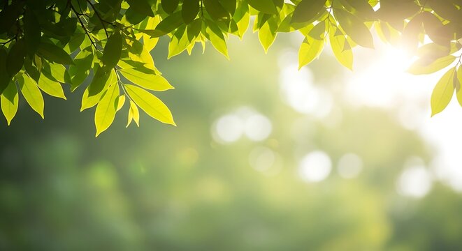 Vibrant green leaves bathed in warm morning sunlight, creating a serene and refreshing natural backdrop with a gentle bokeh effect, perfect for peaceful nature themes