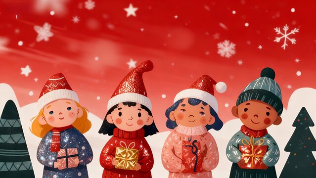 Joyful Holiday Kids: Festive Winter Celebration with Gifts and Snowflakes