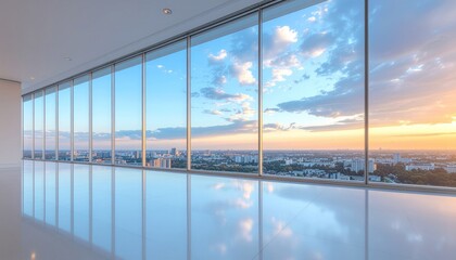 Fototapeta premium Inside a sleek glass office with panoramic city views and a blurred sky outside