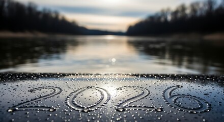 Year two thousand and twenty six written with water droplets in front of a blurred lake landscape