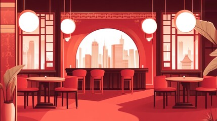 Restaurant interior view with city skyline backdrop, for dining and architecture themes