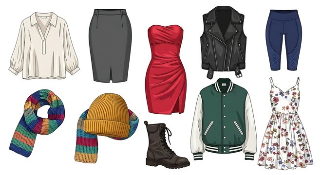Stylish array of clothing apparel for women featuring diverse outfits and accessories