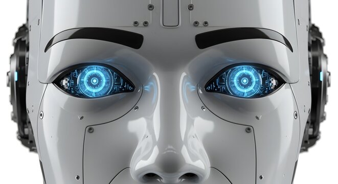 Close up of robot face with glowing blue eyes isolated on white background - Powered by Adobe