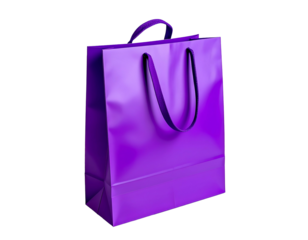 A shiny purple paper shopping bag, with dark handles, sits isolated on black