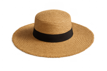 Straw boater hat with black ribbon isolated on transparent background, perfect for summer fashion and travel concepts