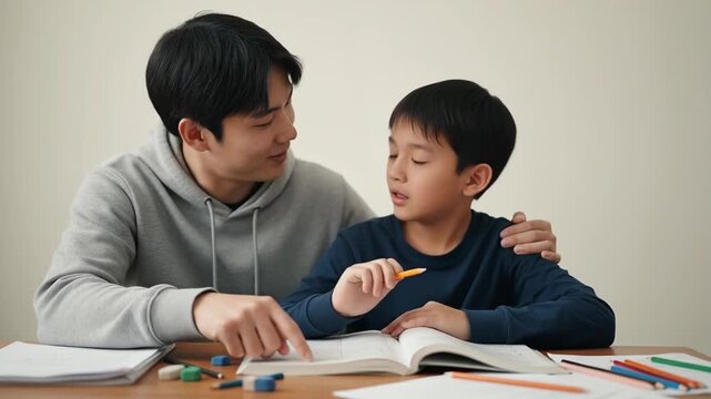 A moment of paternal guidance, a father assisting his son with his homework. Capturing a genuine connection.
