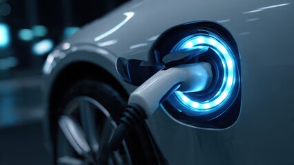A close-up view of an electric vehicle charging port with a glowing blue light, showcasing modern technology in electric transportation.