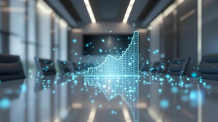 A futuristic digital graph ascends in a corporate boardroom setting, symbolizing growth. The scene encapsulates the intersection of finance and technology in the business realm.
