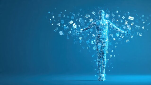 A digital figure composed of floating icons, representing data and technology in a serene blue backdrop.