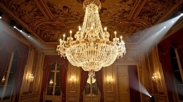 Elegant ballroom with chandelier, gold details and red curtains