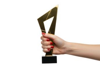 A golden award trophy held by a hand with vibrant red nail polish.