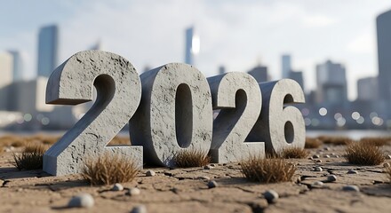 Concrete year two thousand twenty six on cracked earth with city skyline in the background view
