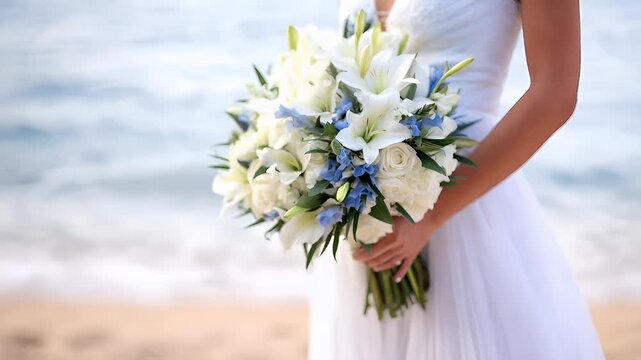 A closeup of a brides hand holding a bouquet of flowers against a serene beach backdrop. The bouquet is predominantly white with blue accents, including roses and lilies. The brides dress is white.
