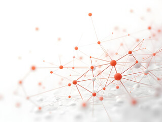 Photorealistic white canvas featuring abstract network with luminous coral dots linked by flowing geometric plexus lines creating sophisticated abstract mesh visualization patterns