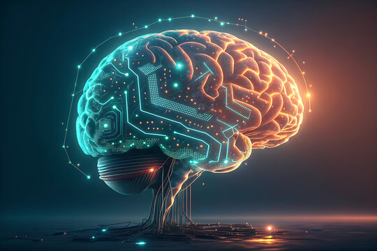 human brain anatomy illustration with a glowing blue medical scan look - Powered by Adobe