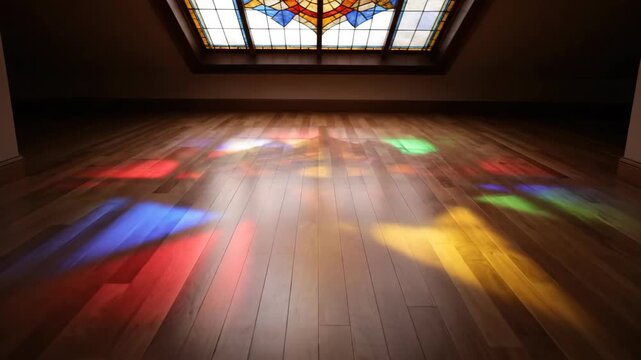 Colored light projected on a wooden floor from stained glass.
