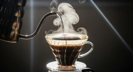 Pouring hot water into a coffee dripper with steam rising, preparing a fresh brew.