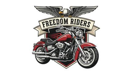 Classic motorcycle emblem vector illustration featuring stylish retro typography, wings, and a decorative shield shape, presented as a clean flat 2D graphic on an isolated white background.