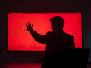 Business executive's finger pointing at dropping bitcoin price on futuristic red holographic chart display