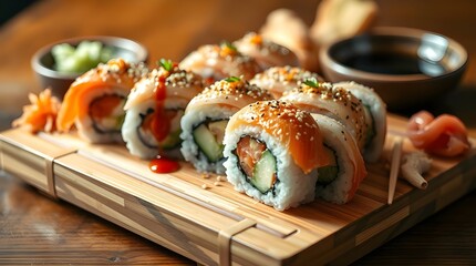 Fresh Japanese salmon sushi rolls, a gourmet seafood meal or appetizer on a white plate.