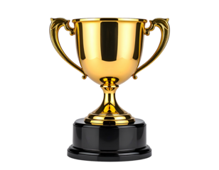 Shiny golden trophy with ornate handles, atop a black pedestal on black background