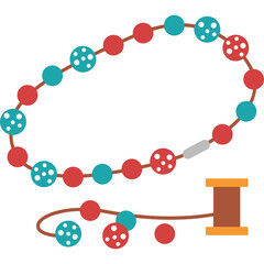 Handcrafted Beaded Necklace With Red Teal And White Patterned Beads Connected To A Spool Of Thread On A Transparent Background
