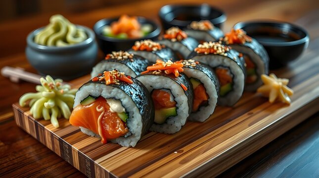 Fresh Japanese salmon sushi rolls, a gourmet seafood meal or appetizer on a white plate.
