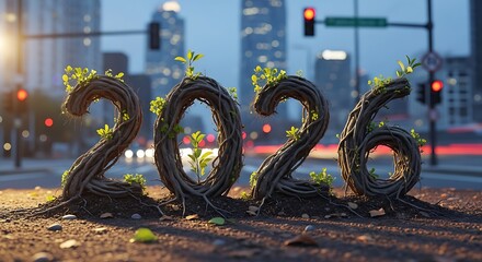 The year two thousand twenty six made of tree branches with leaves growing in a city at dusk time