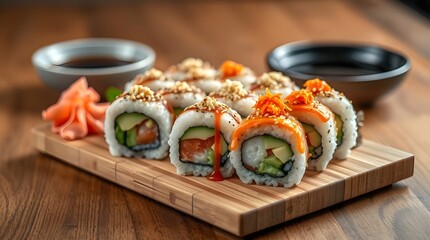 Fresh Japanese salmon sushi rolls, a gourmet seafood meal or appetizer on a white plate.
