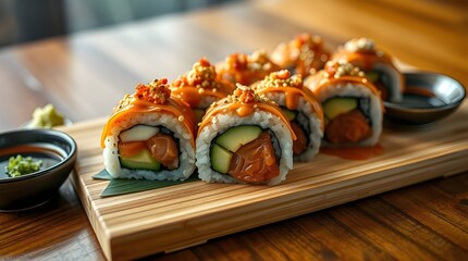 Fresh Japanese salmon sushi rolls, a gourmet seafood meal or appetizer on a white plate.